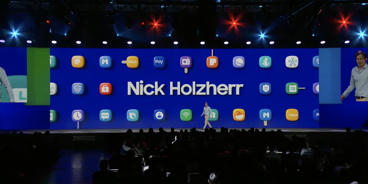 Nick Holzherr's name on the Samsung Developer Conference keynote screen